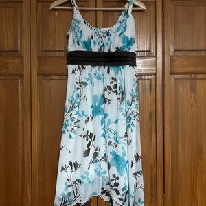 Floral Spaghetti-Strap Midi Dress in Teal and White